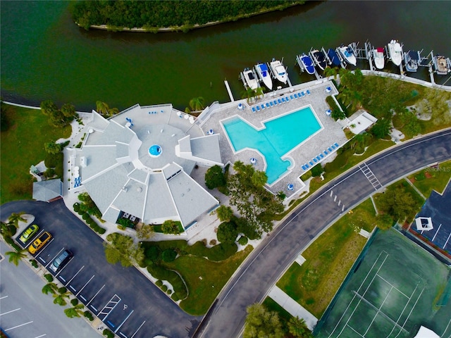 birds eye view of property featuring a water view