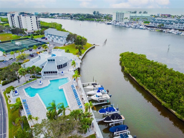 drone / aerial view featuring a water view