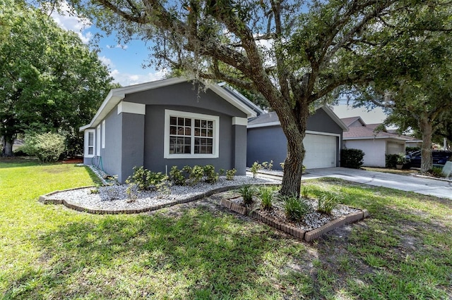 ranch-style house featuring a front yard, concrete driveway, an attached garage, and stucco siding