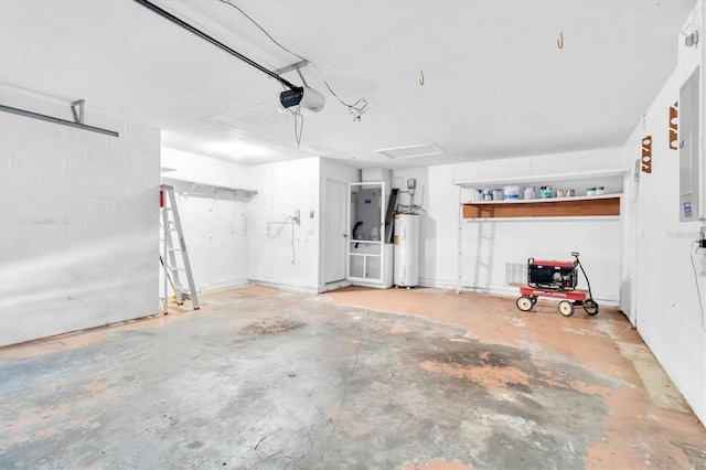 garage with a garage door opener and water heater