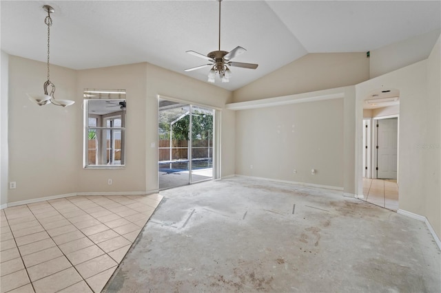 unfurnished room featuring lofted ceiling and ceiling fan