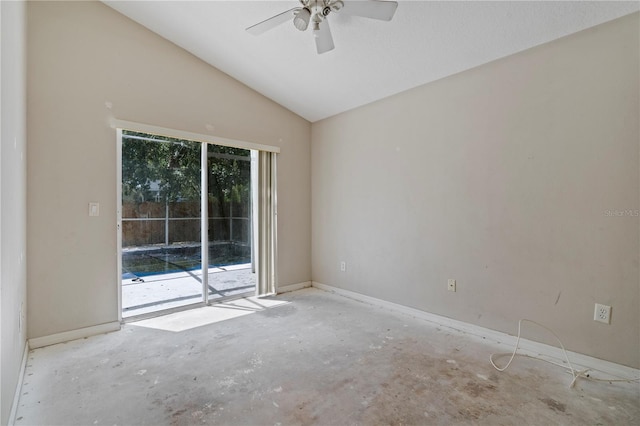 unfurnished room with plenty of natural light, ceiling fan, and vaulted ceiling