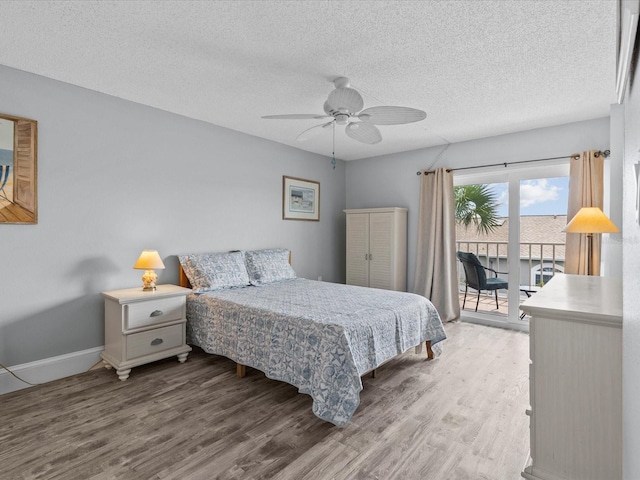 bedroom with wood-type flooring, a textured ceiling, access to outside, and ceiling fan