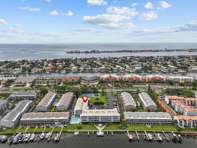 drone / aerial view with a water view