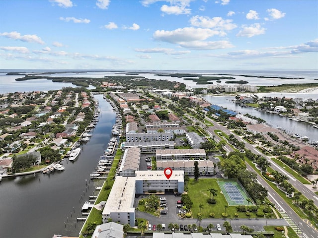 drone / aerial view featuring a water view