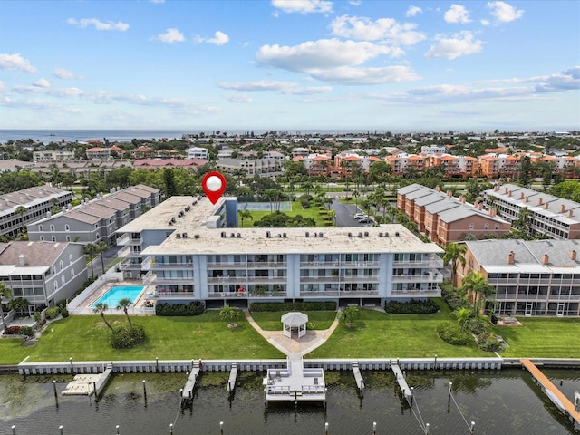 drone / aerial view featuring a water view