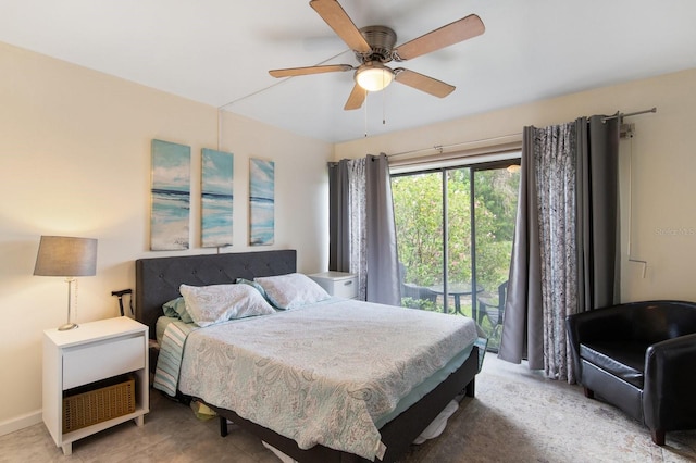 bedroom featuring access to outside and ceiling fan