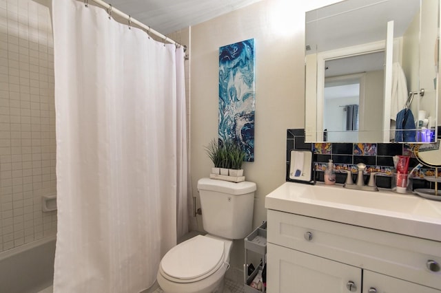 full bathroom with shower / tub combo with curtain, backsplash, vanity, and toilet