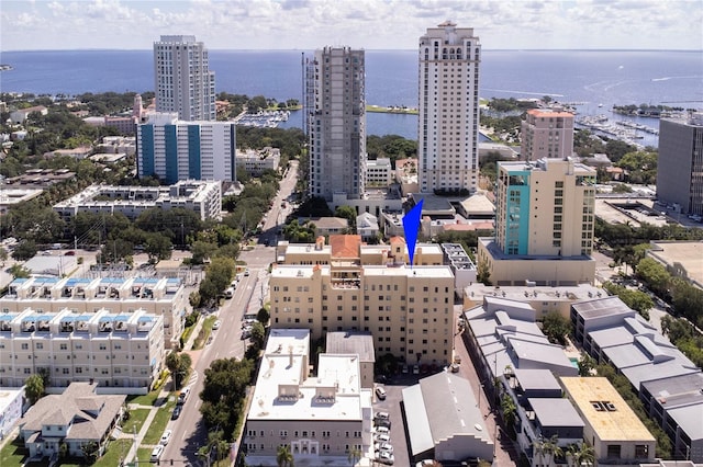 bird's eye view with a water view