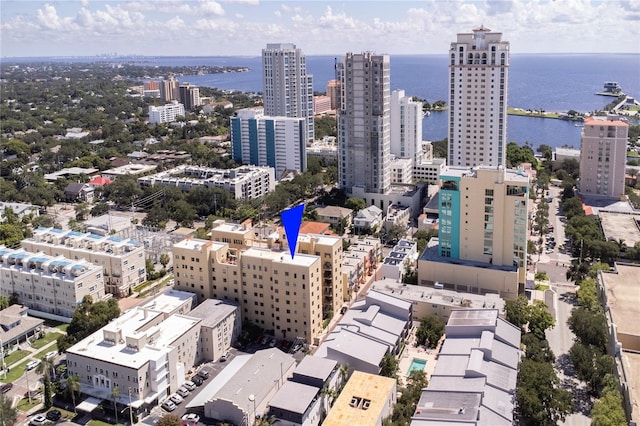 drone / aerial view featuring a water view