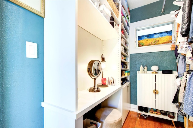 bathroom with hardwood / wood-style flooring