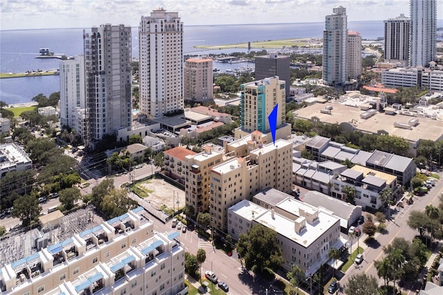 drone / aerial view featuring a water view