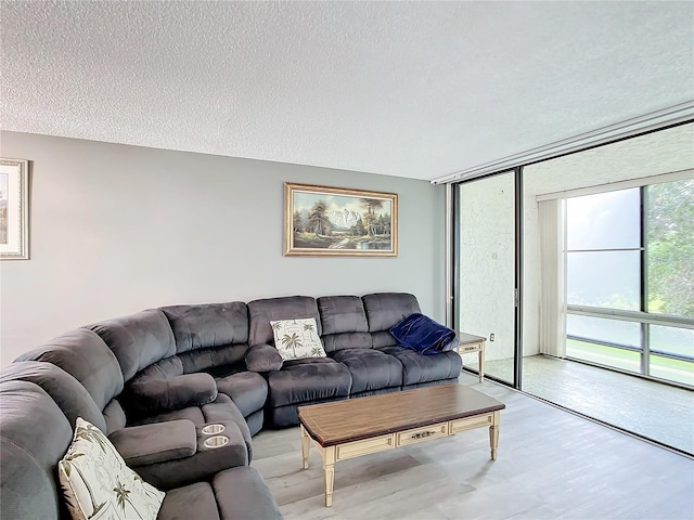 living room with light hardwood / wood-style floors and a textured ceiling