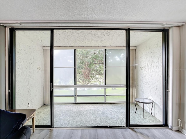 doorway to outside featuring light wood-type flooring and a textured ceiling