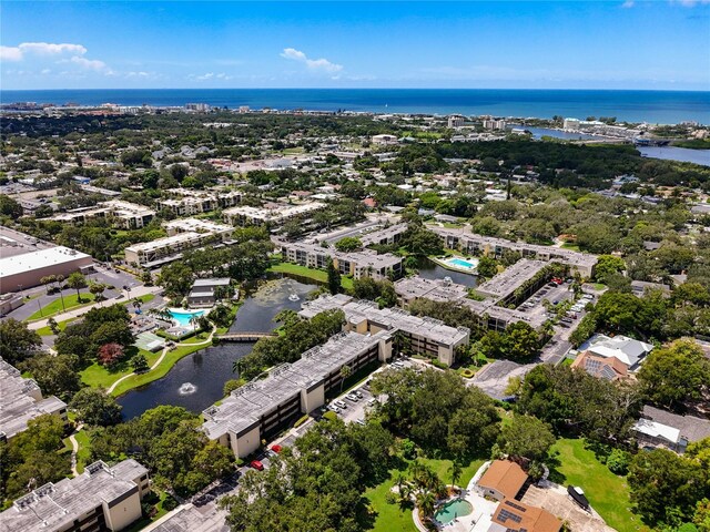 drone / aerial view featuring a water view