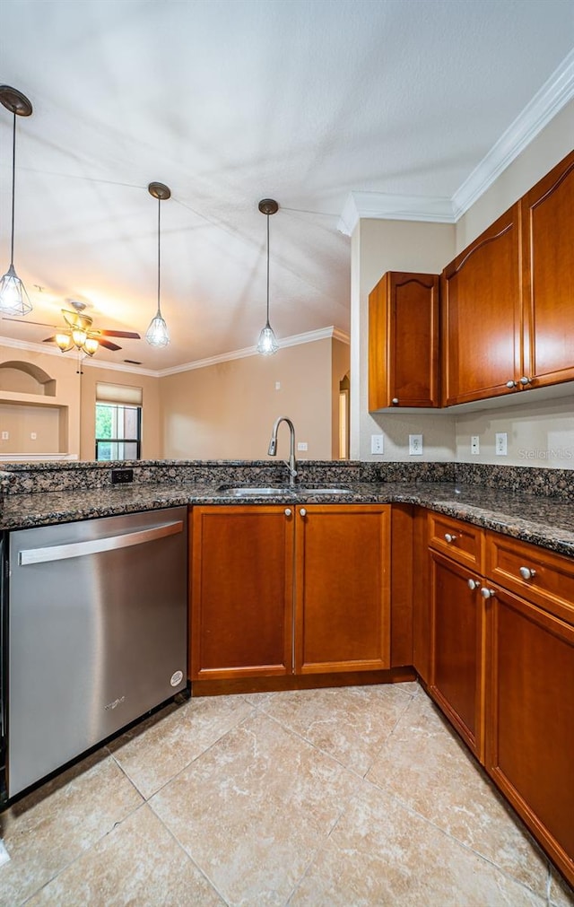 kitchen with stainless steel dishwasher, sink, hanging light fixtures, and crown molding