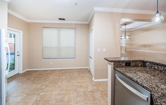 kitchen with a healthy amount of sunlight, ornamental molding, decorative light fixtures, and dark stone counters