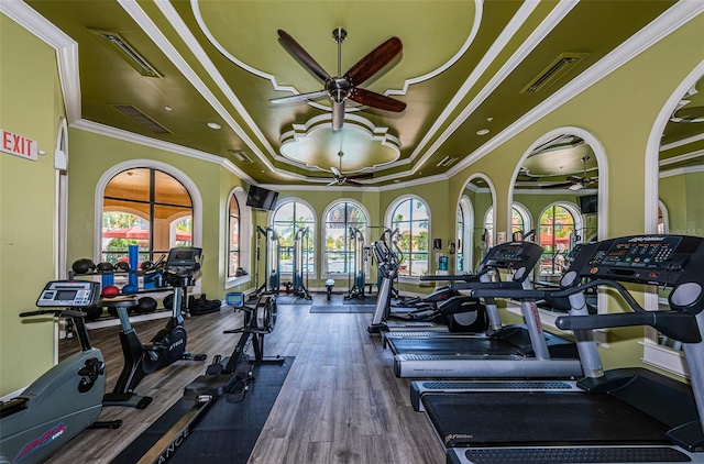 workout area featuring crown molding, dark wood-type flooring, and a tray ceiling