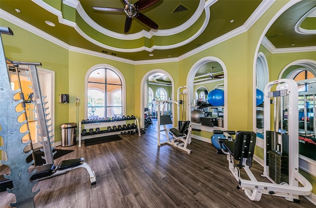 workout area with crown molding, hardwood / wood-style flooring, a tray ceiling, and ceiling fan