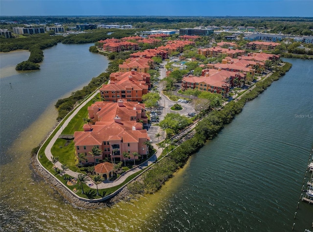 drone / aerial view with a water view