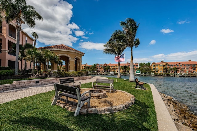 view of community with a water view and a yard