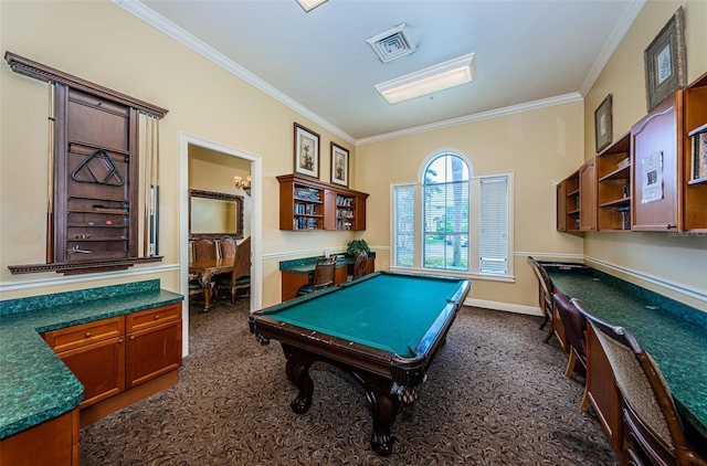 playroom with dark carpet and crown molding