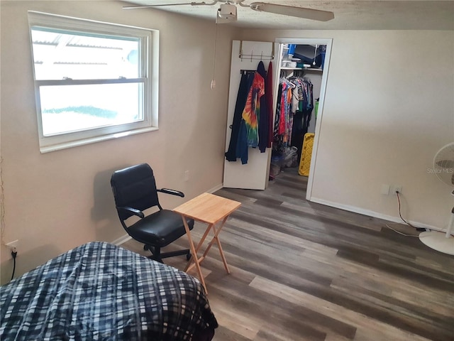 bedroom featuring ceiling fan, dark hardwood / wood-style floors, and a closet