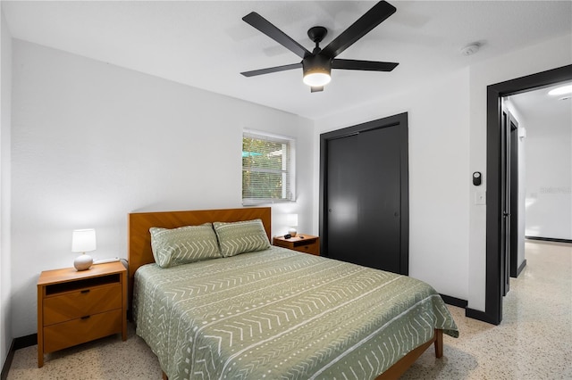 bedroom with ceiling fan and a closet