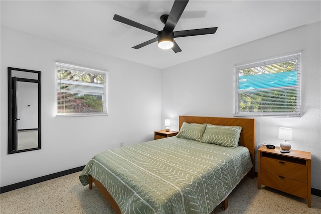 bedroom featuring ceiling fan and multiple windows