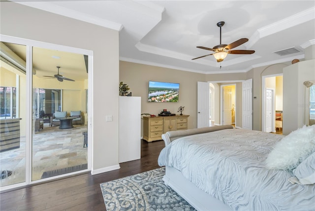 bedroom with dark wood-type flooring, multiple windows, access to exterior, and ceiling fan