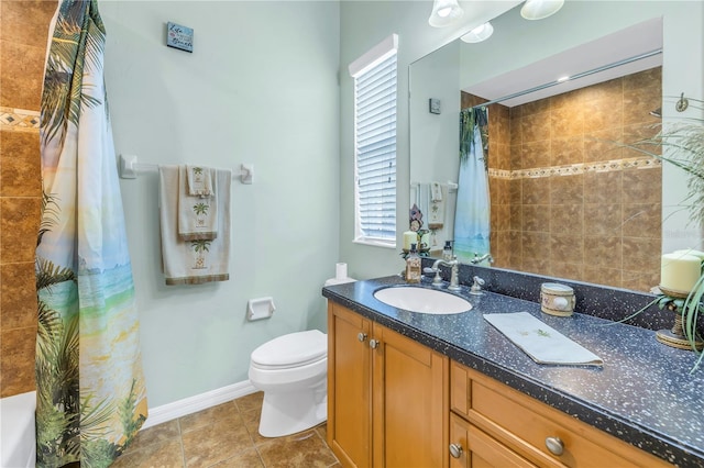 full bathroom featuring vanity, toilet, separate shower and tub, and tile patterned floors