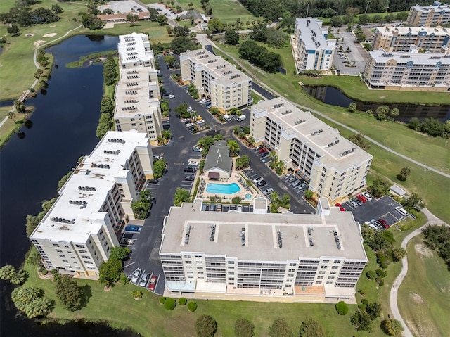 drone / aerial view with a water view