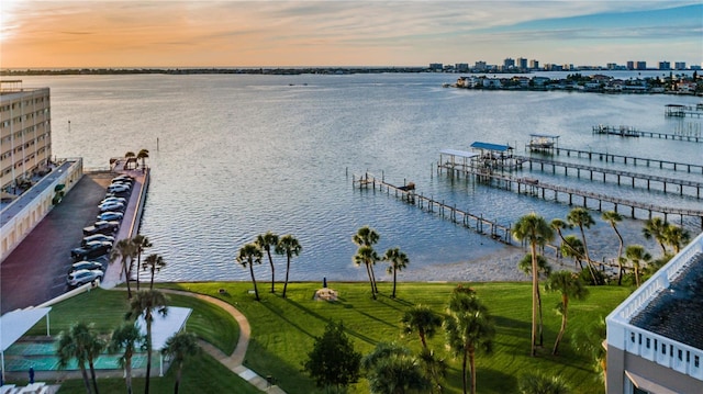 property view of water with a dock