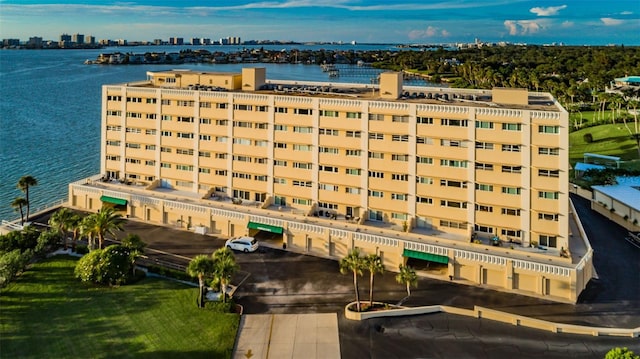 view of building exterior featuring a water view