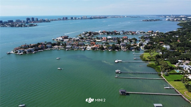 drone / aerial view featuring a water view