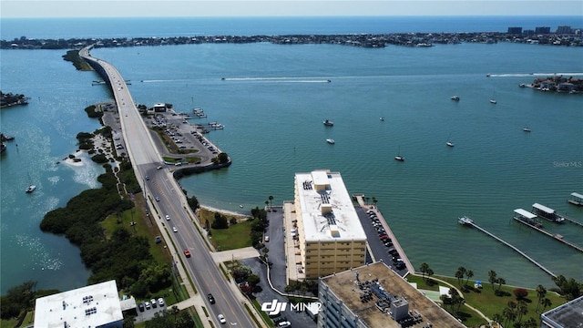 drone / aerial view with a water view