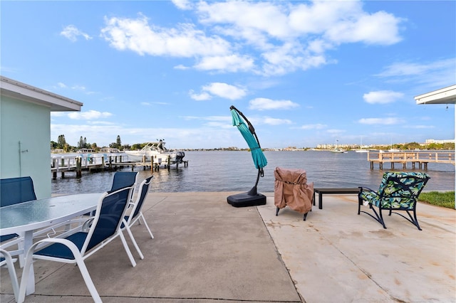 view of patio / terrace with a boat dock and a water view