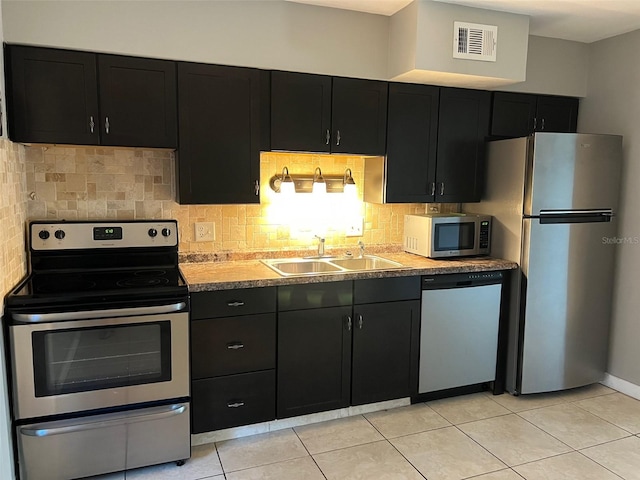 kitchen featuring decorative backsplash, stainless steel appliances, light tile patterned flooring, and sink