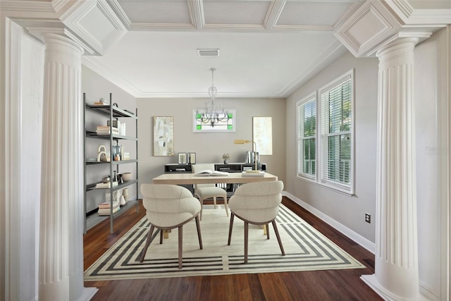 dining space with crown molding, ornate columns, dark wood-type flooring, and an inviting chandelier