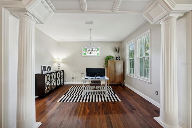 living area featuring decorative columns, dark hardwood / wood-style flooring, and an inviting chandelier