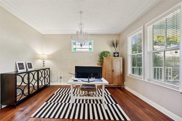 office area featuring a notable chandelier, dark hardwood / wood-style floors, and crown molding