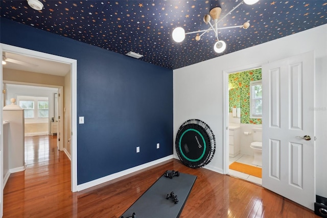 workout room featuring hardwood / wood-style floors