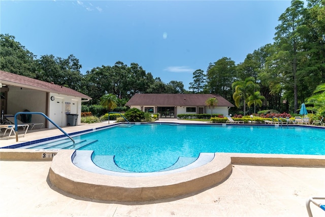 view of swimming pool featuring a patio area