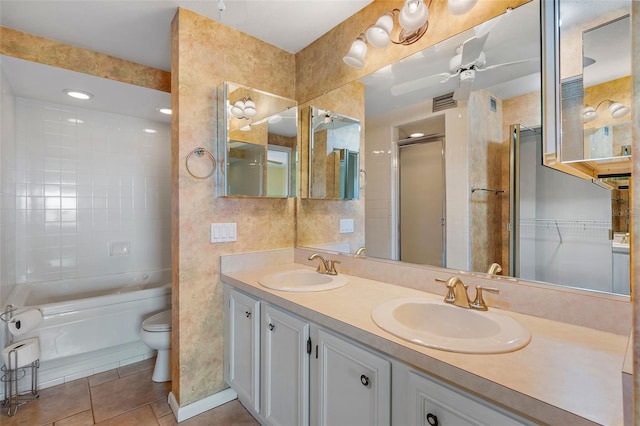 full bathroom featuring toilet, tile patterned floors, vanity, tile walls, and shower with separate bathtub