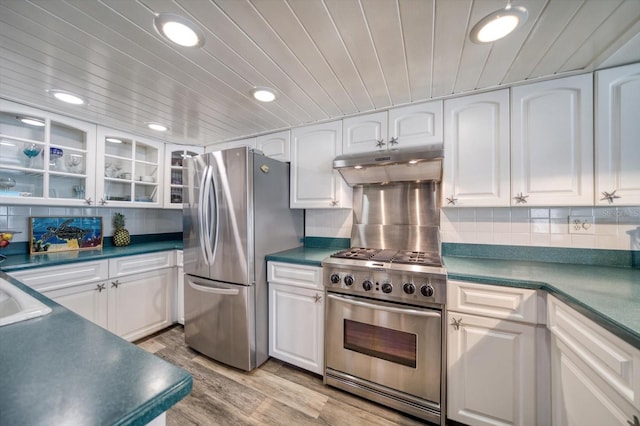 kitchen featuring light wood-type flooring, white cabinetry, backsplash, stainless steel appliances, and wooden ceiling