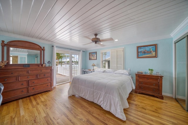 bedroom featuring light hardwood / wood-style flooring, ceiling fan, ornamental molding, and access to outside