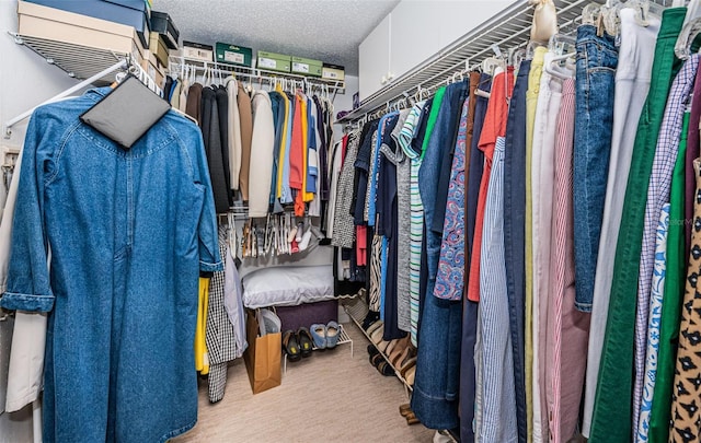 walk in closet with light carpet