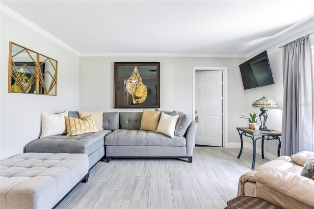 living room featuring light hardwood / wood-style floors and crown molding