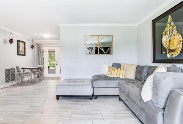 living room with crown molding