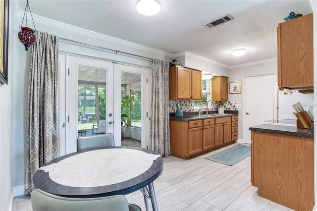 kitchen featuring ornamental molding, a healthy amount of sunlight, sink, and french doors